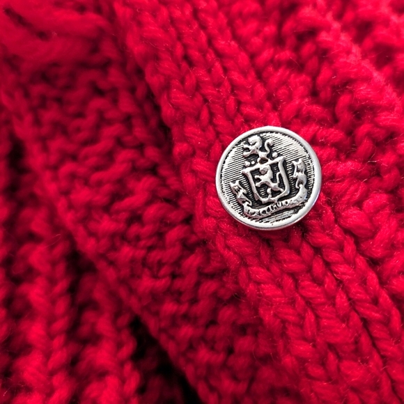 Red Chunky Crocheted Cardigan with Silver Crest Buttons - Medium - Picture 5 of 5
